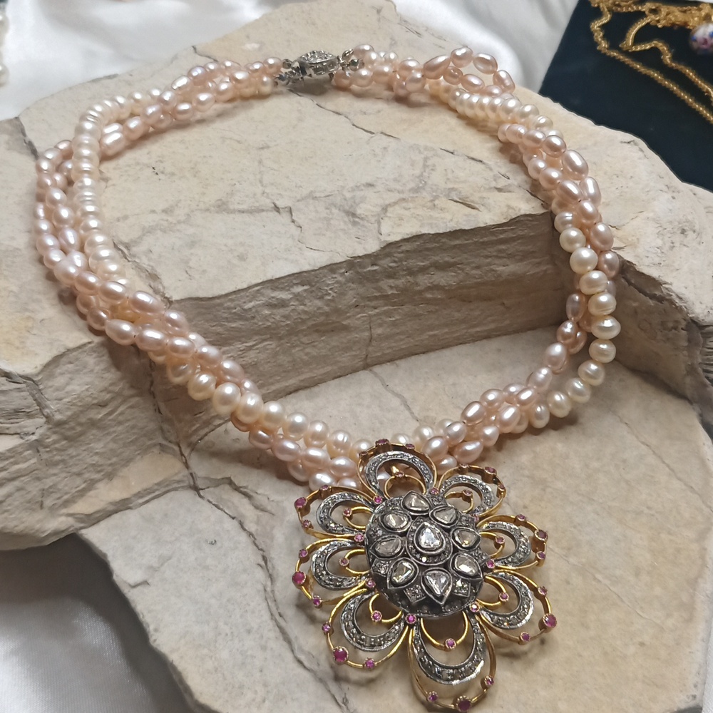 Natural Pearl Antique Paste Diamond Cut Glass & Ruby pendant Statement Necklace - Picture 3 of 10